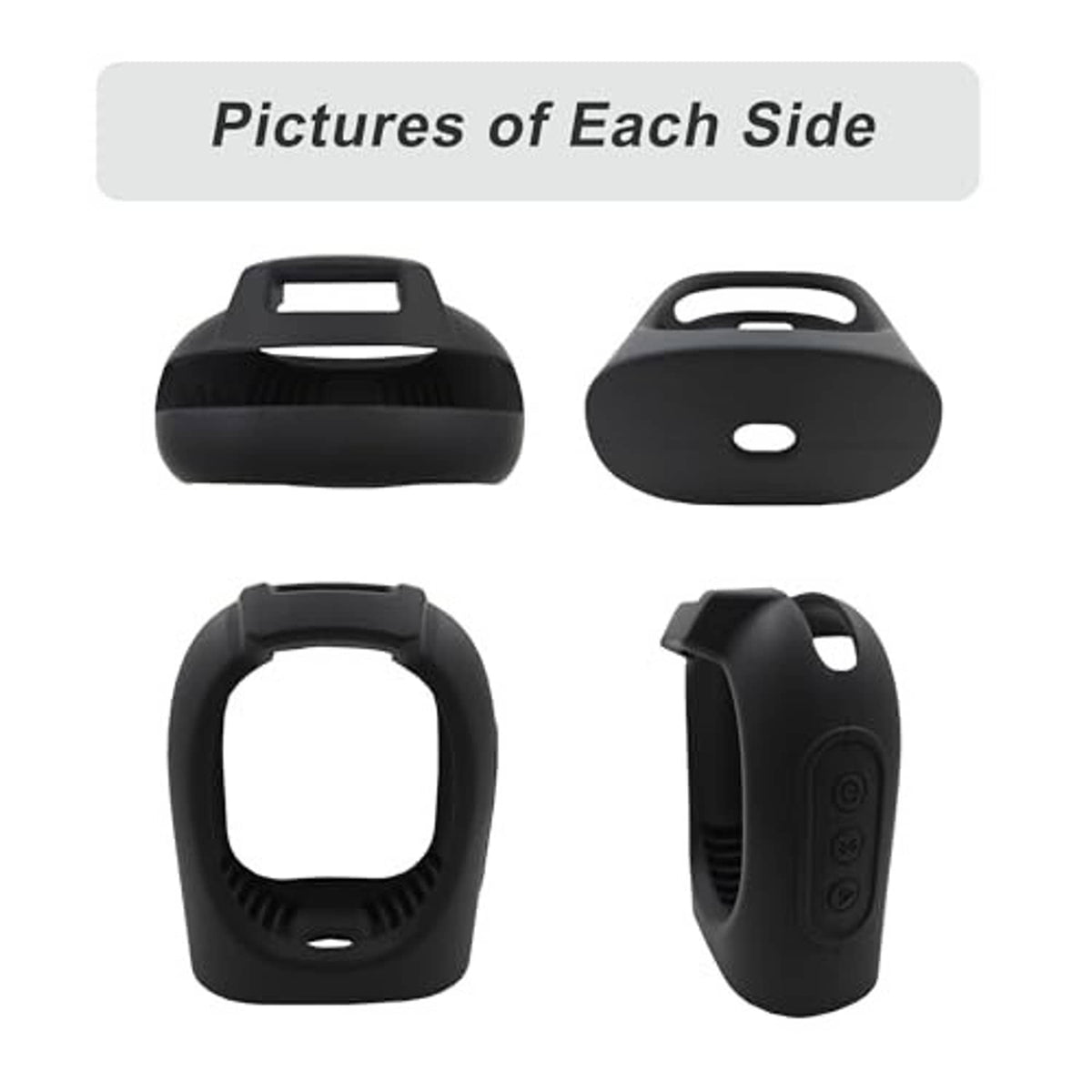 Black silicone speaker cover shown from multiple sides with cutouts and handle