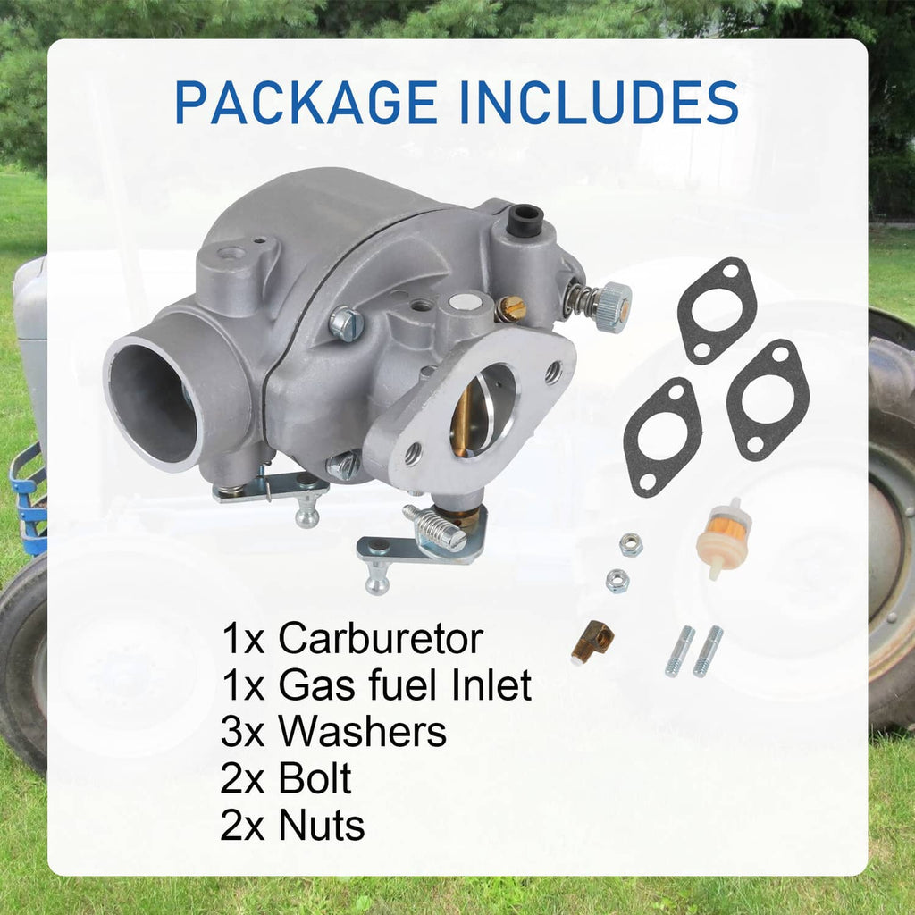Gray carburetor package contents showing carburetor, gaskets, nuts, and bolts