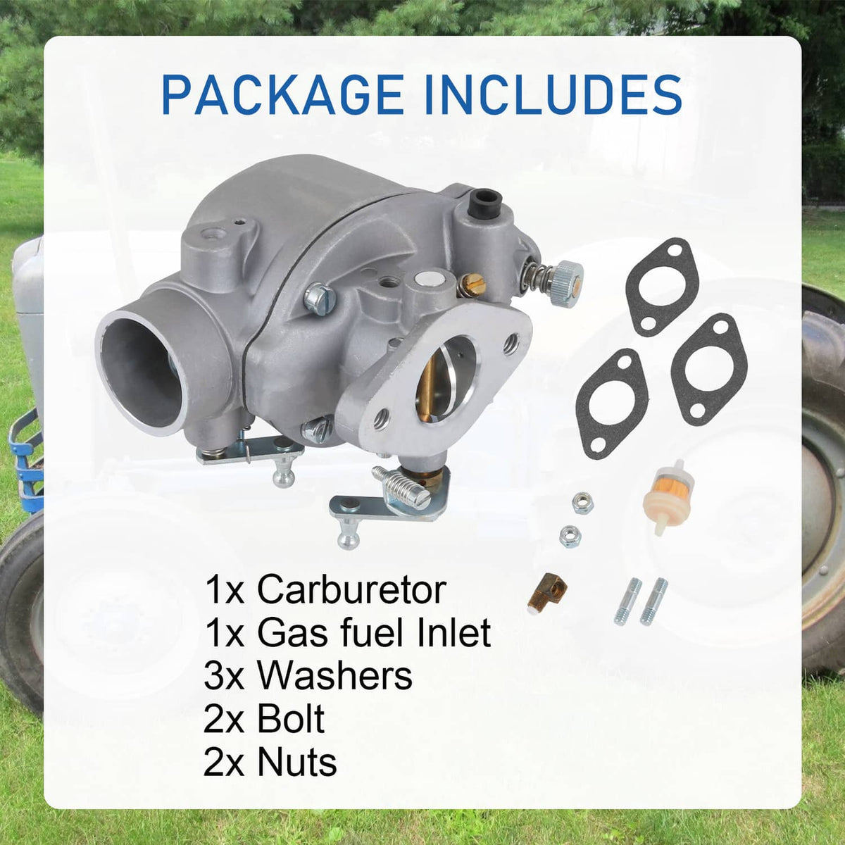 Gray carburetor package contents showing carburetor, gaskets, nuts, and bolts