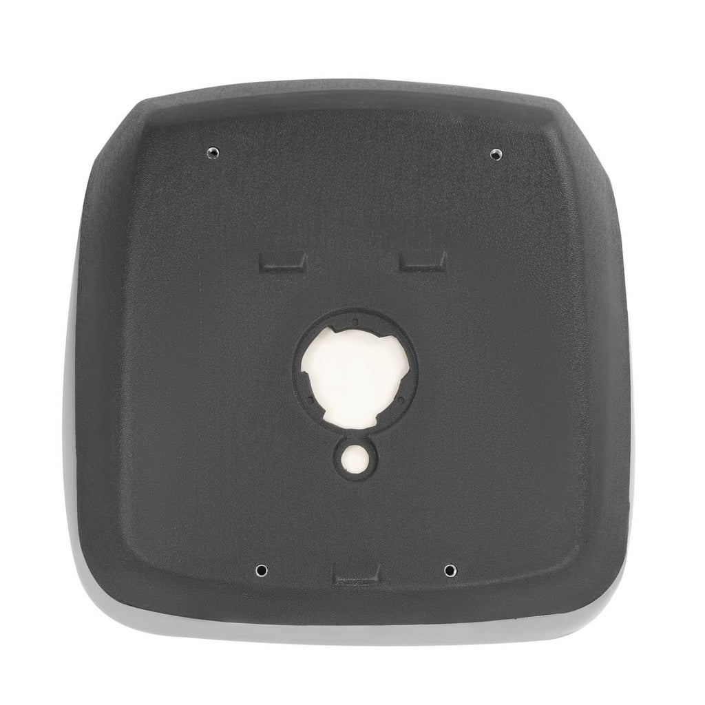 Black tractor seat base with central mounting opening and screw holes
