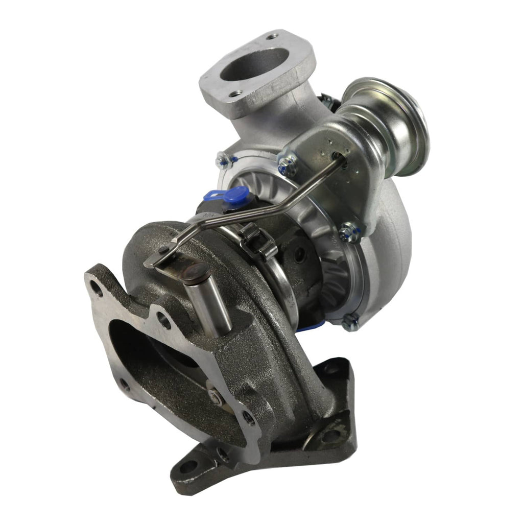 Turbocharger with silver turbine housing, actuator linkage, and front mounting flange