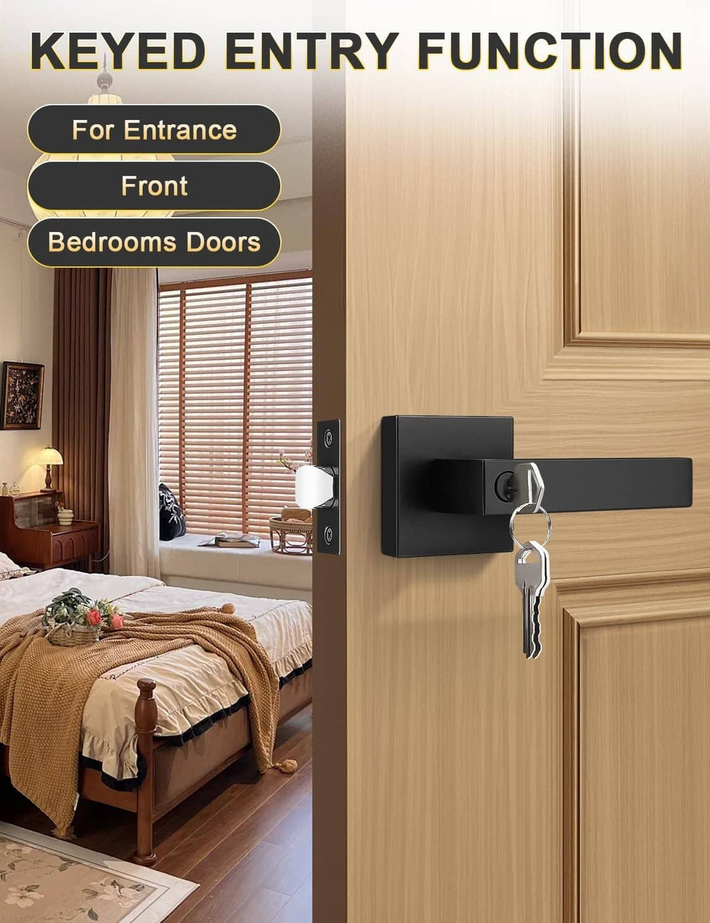 Black entry door lever handle with keys, mounted on a wooden exterior door