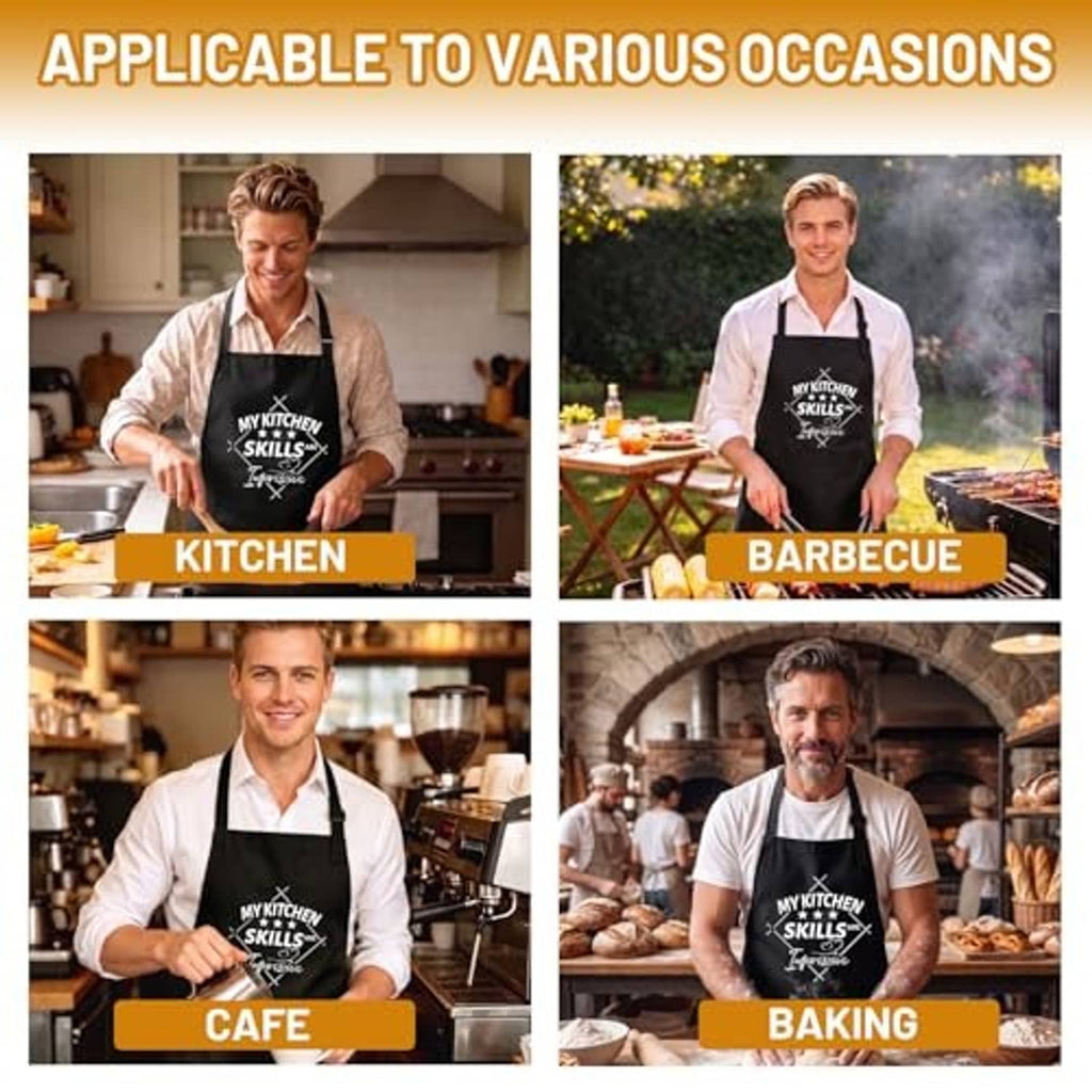 Black apron worn for different cooking settings, kitchen skills utensils graphic on chest