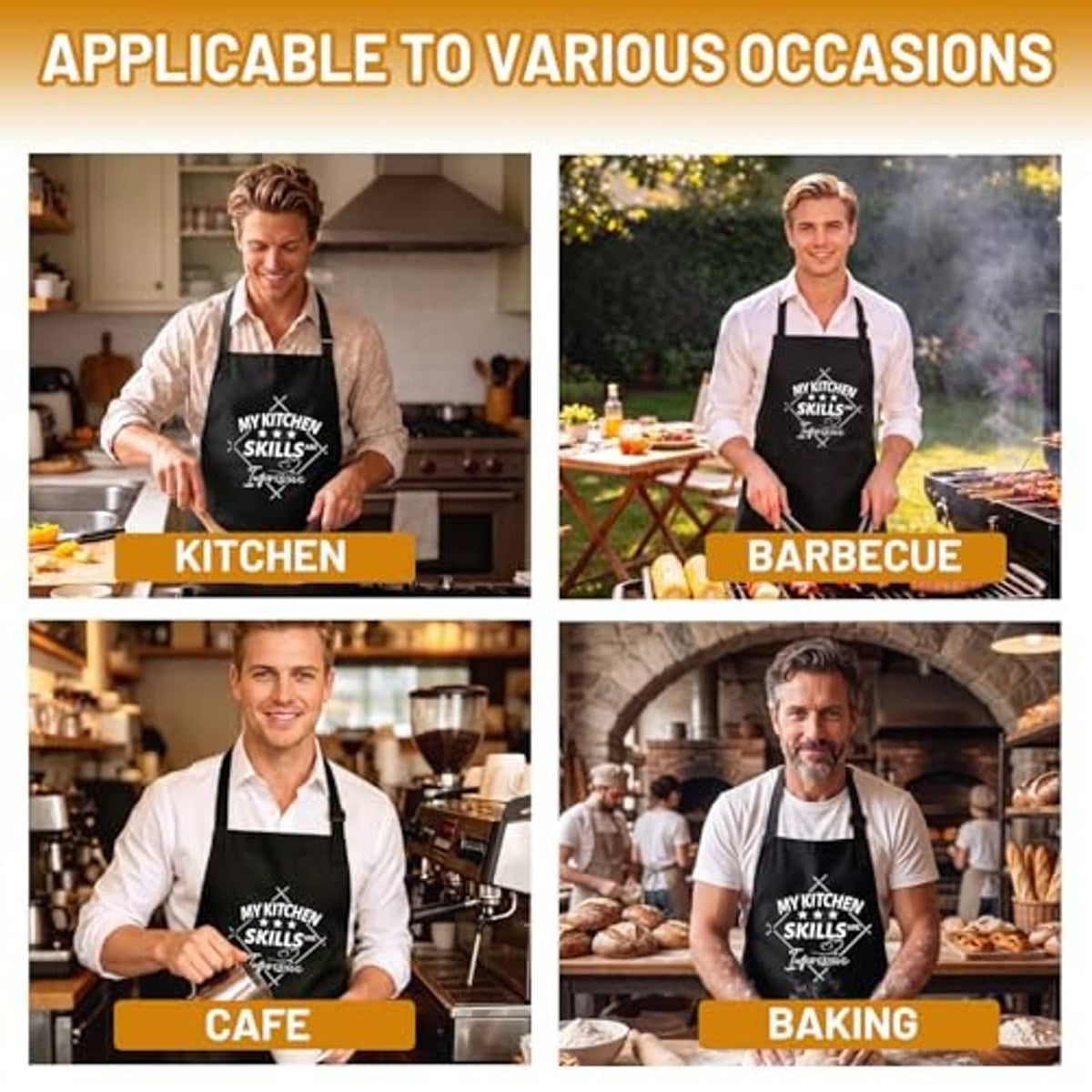 Black apron worn for different cooking settings, kitchen skills utensils graphic on chest