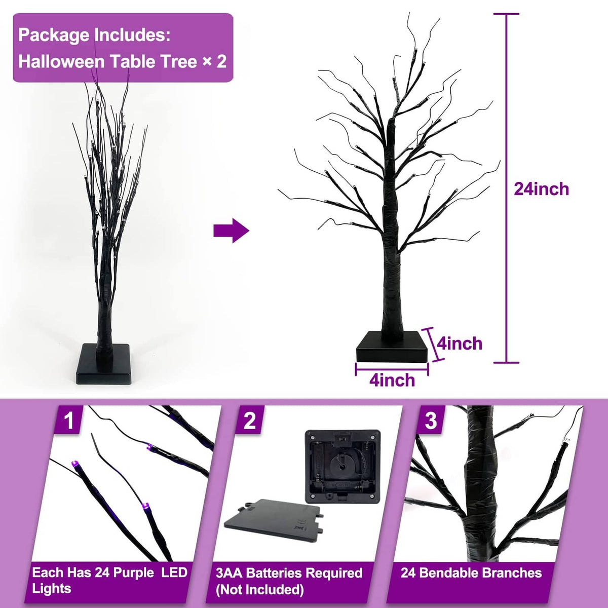 Set of two black LED birch-style table trees with glowing purple-tinted bulbs