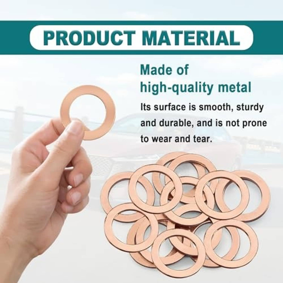 Copper oil drain plug gasket washers, smooth metal finish with hand holding one