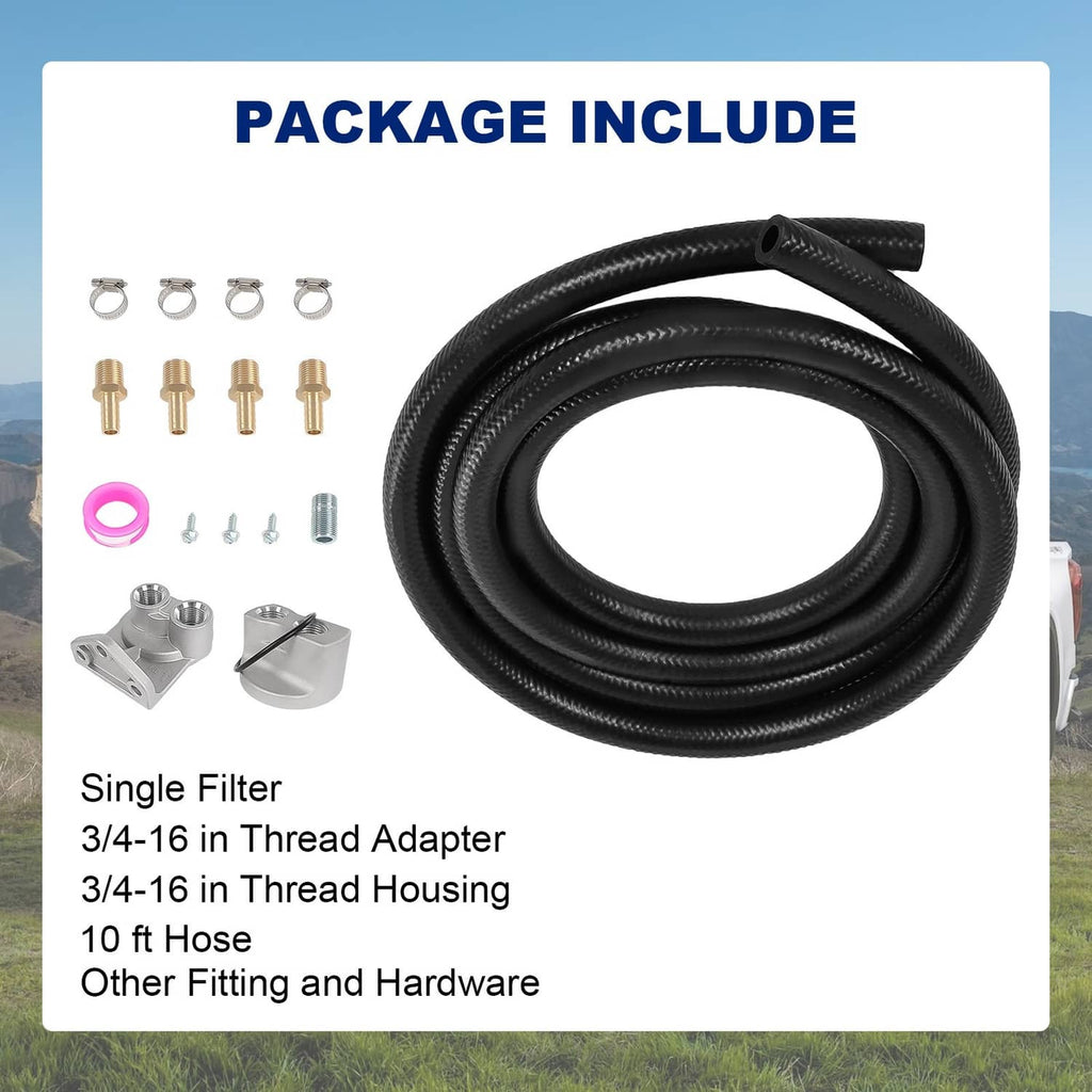 Oil filter kit contents: coiled black 10-ft hose, single filter parts, thread adapters