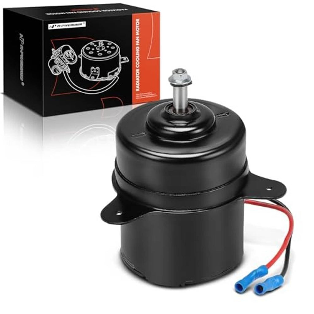 Black radiator fan motor with bracket base and red and blue connector wires