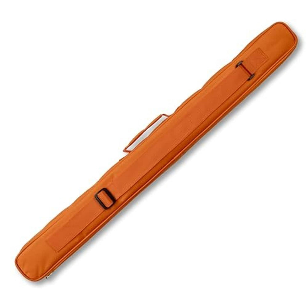 Orange cue stick case with mesh panel, stitched pocket, and zipper strap