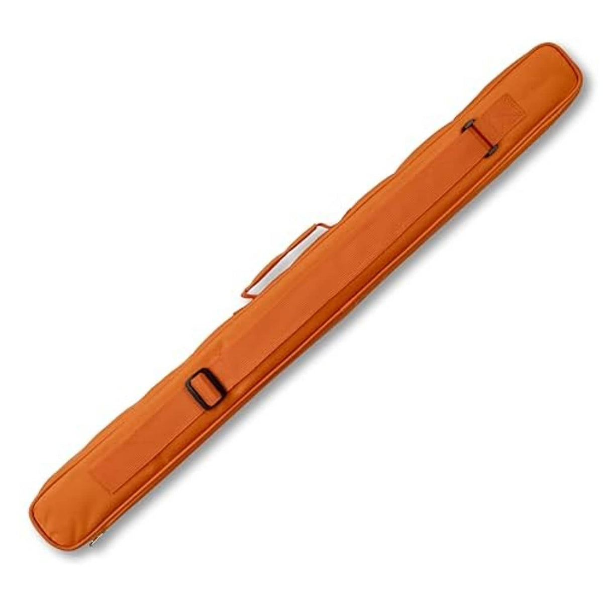 Orange cue stick case with mesh panel, stitched pocket, and zipper strap