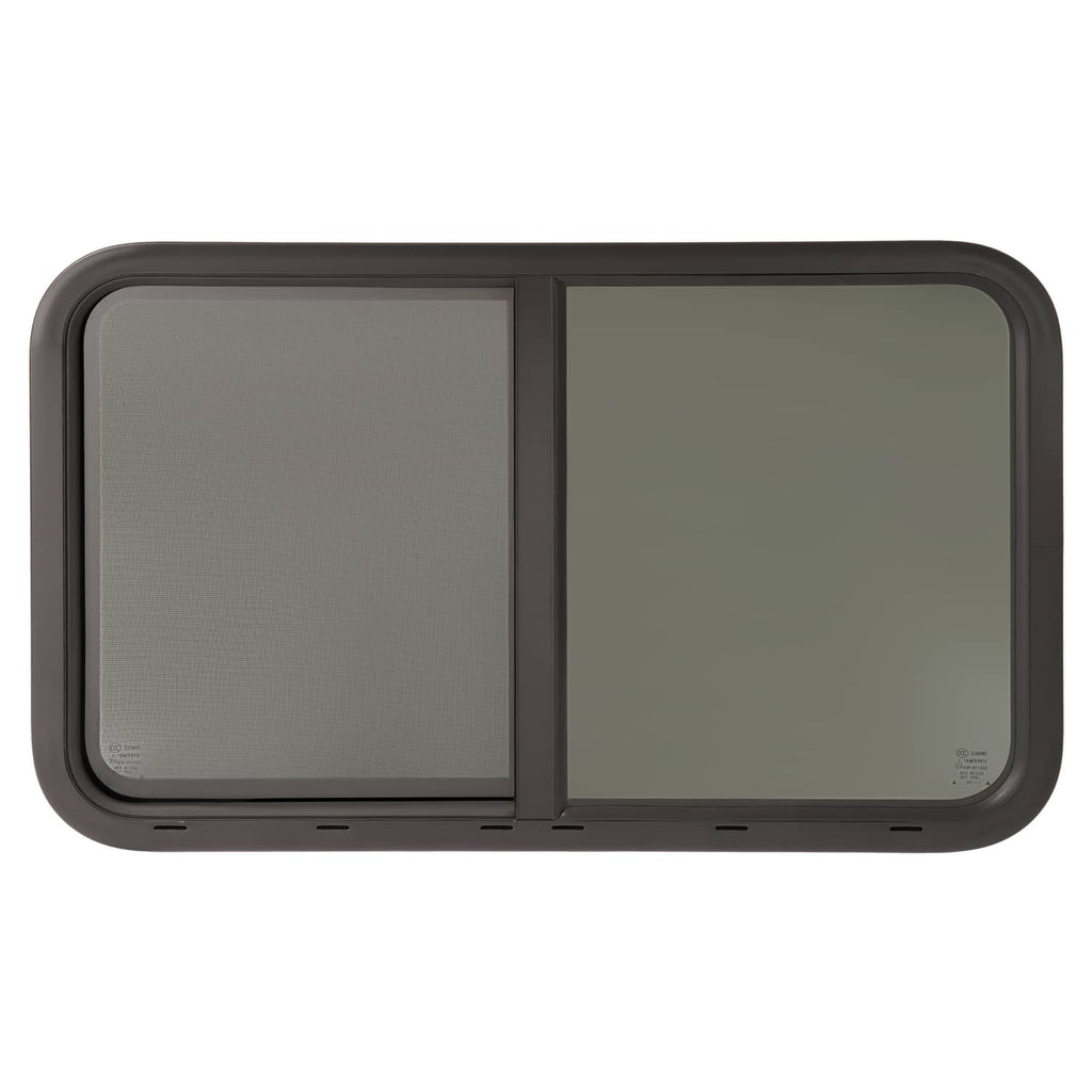 RV horizontal slider window with two tinted panels in a dark rounded outer frame