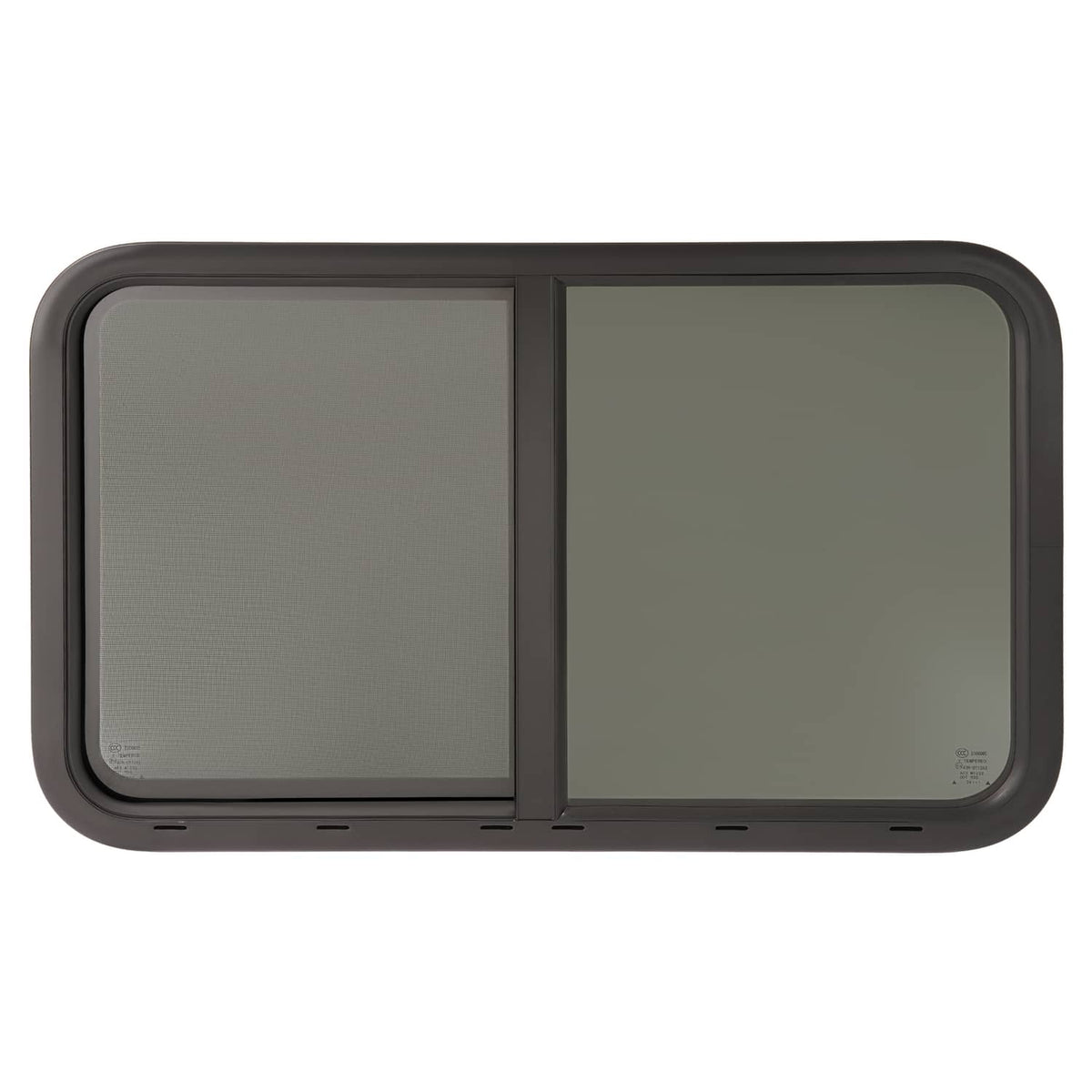 RV horizontal slider window with two tinted panels in a dark rounded outer frame