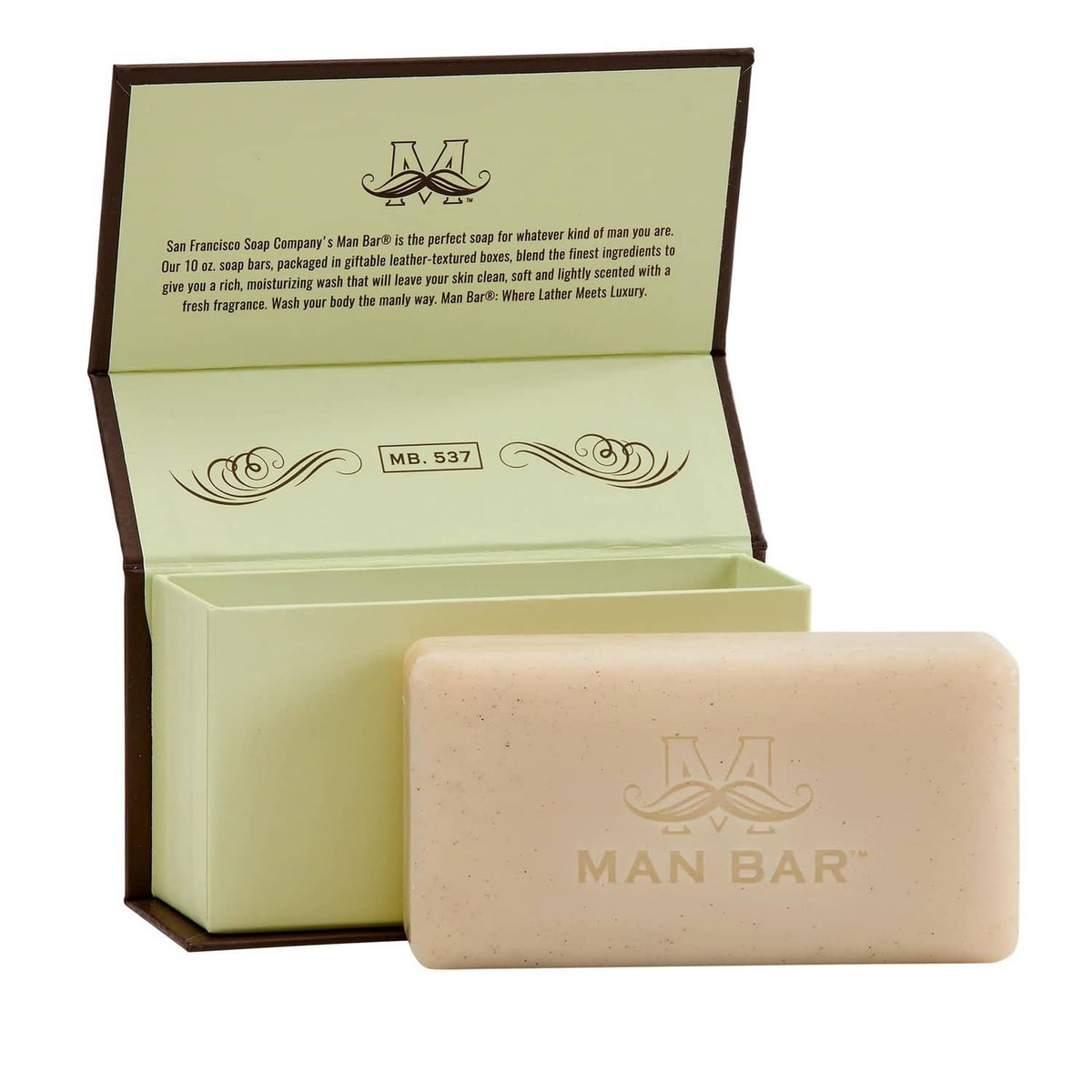 Man Bar exfoliating soap bar with beige bar and open light green box