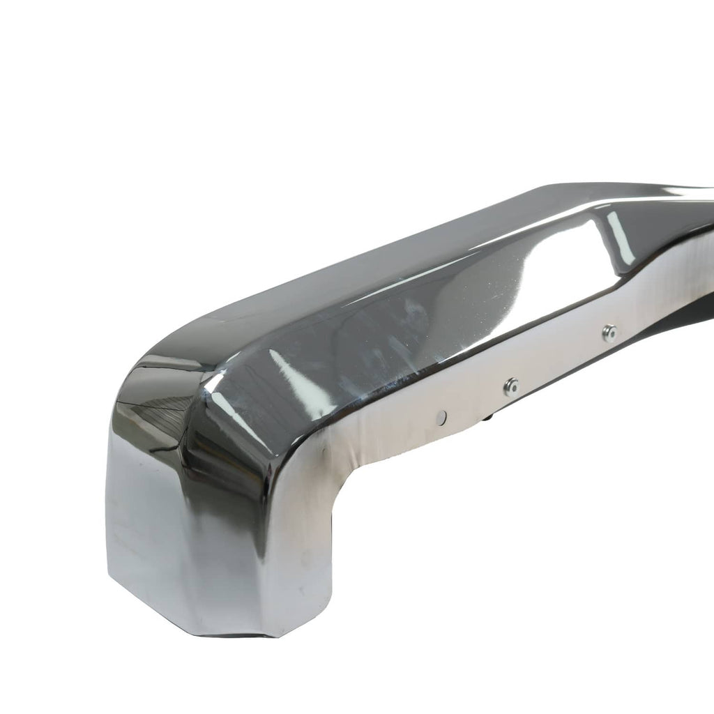 Chrome rear step bumper face bar, curved corner with mounting holes