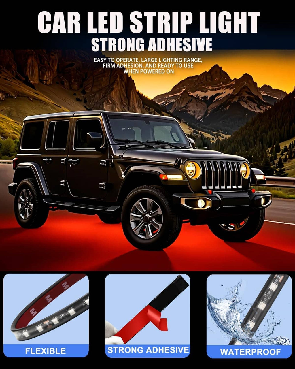 Red car LED strip light kit with black flexible waterproof strip