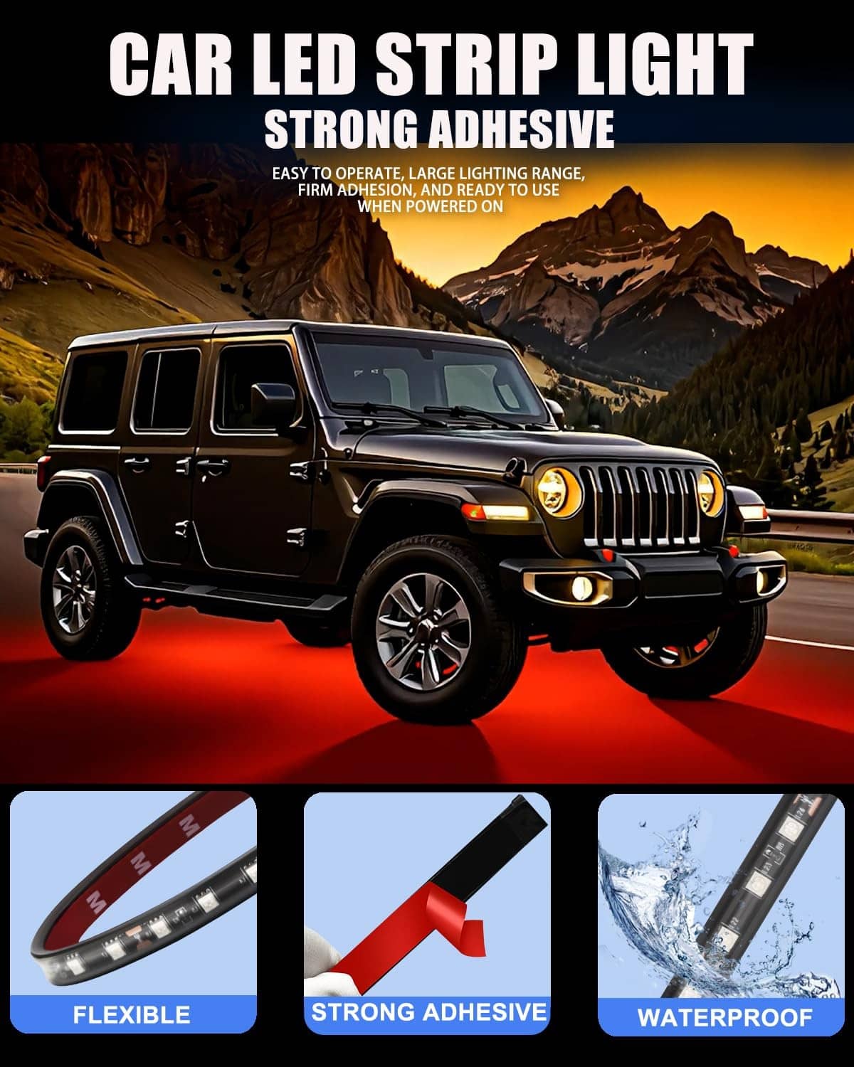 Red car LED strip light kit with black flexible waterproof strip