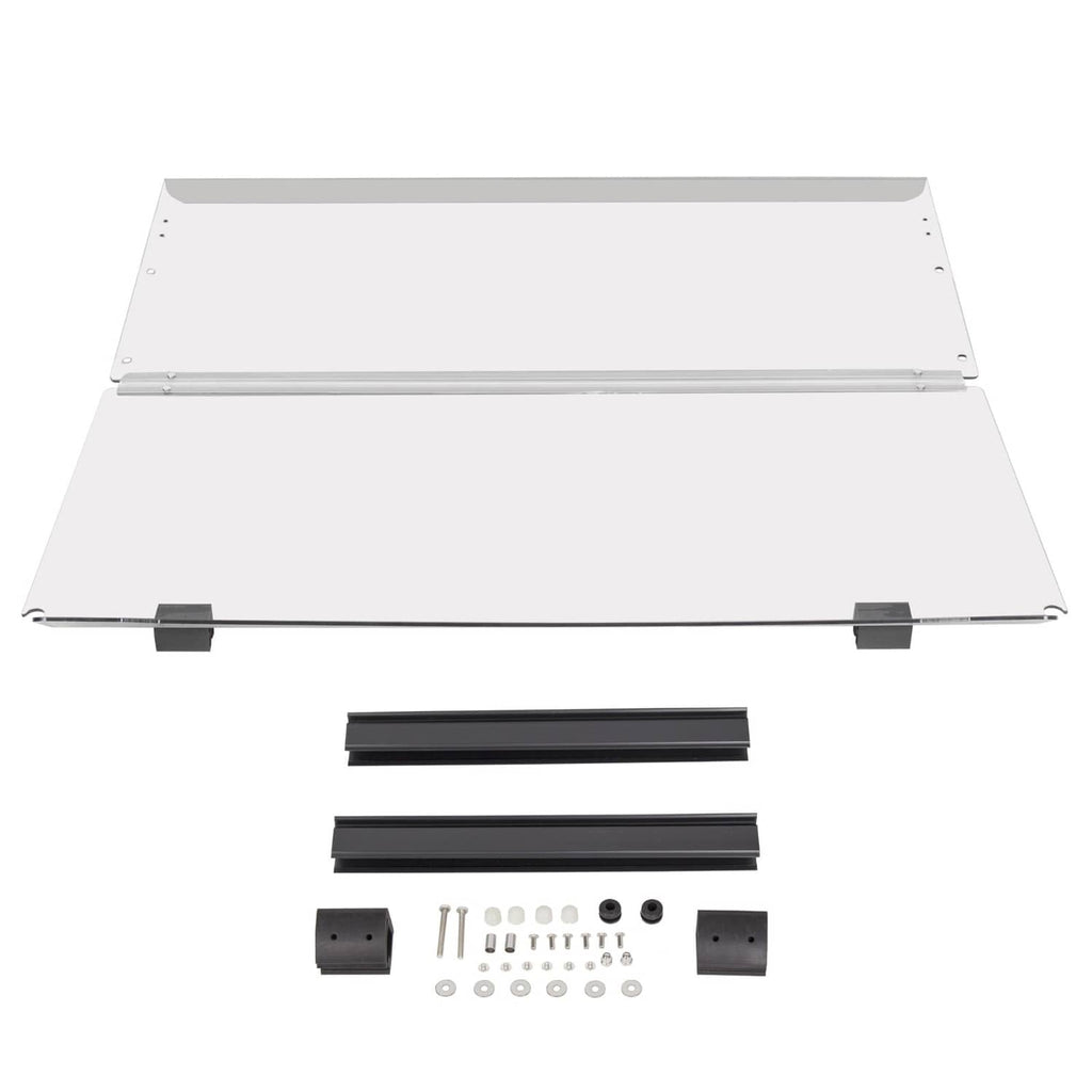 Folding clear golf cart windscreen kit with transparent panels, black rails, and hardware