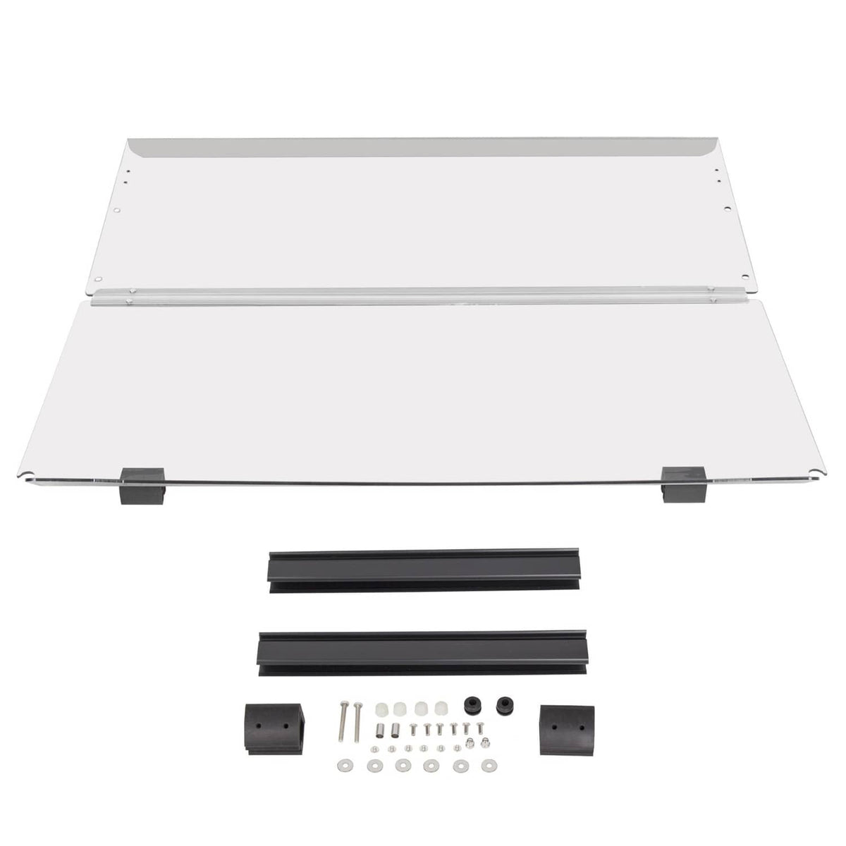 Folding clear golf cart windscreen kit with transparent panels, black rails, and hardware