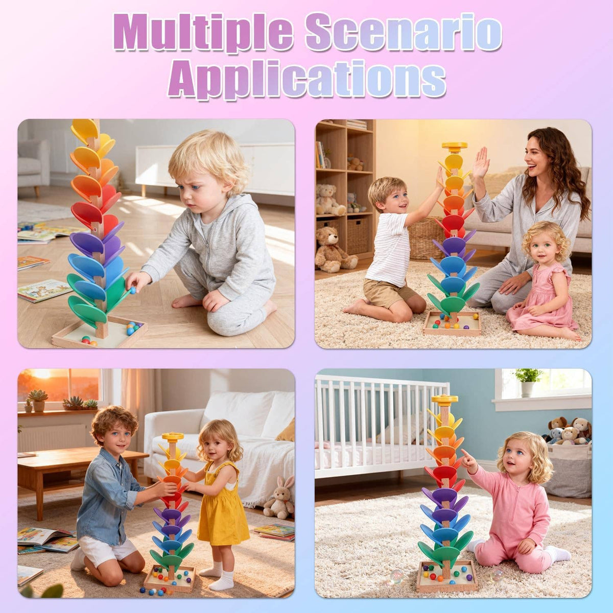 Rainbow music tree toy multiple scenario graphic showing kids playing with the marble run
