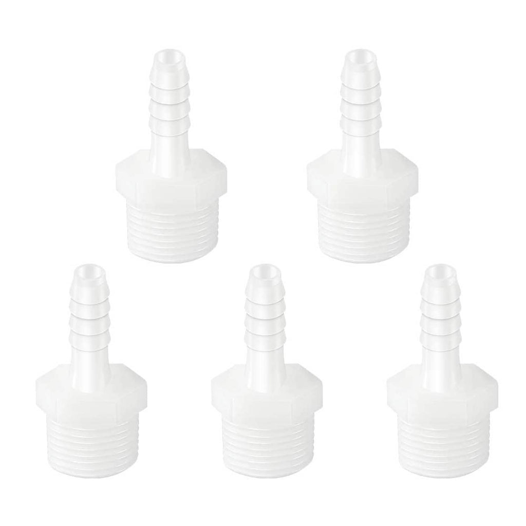 White plastic hose barb fitting with stacked barbed section, multiple views