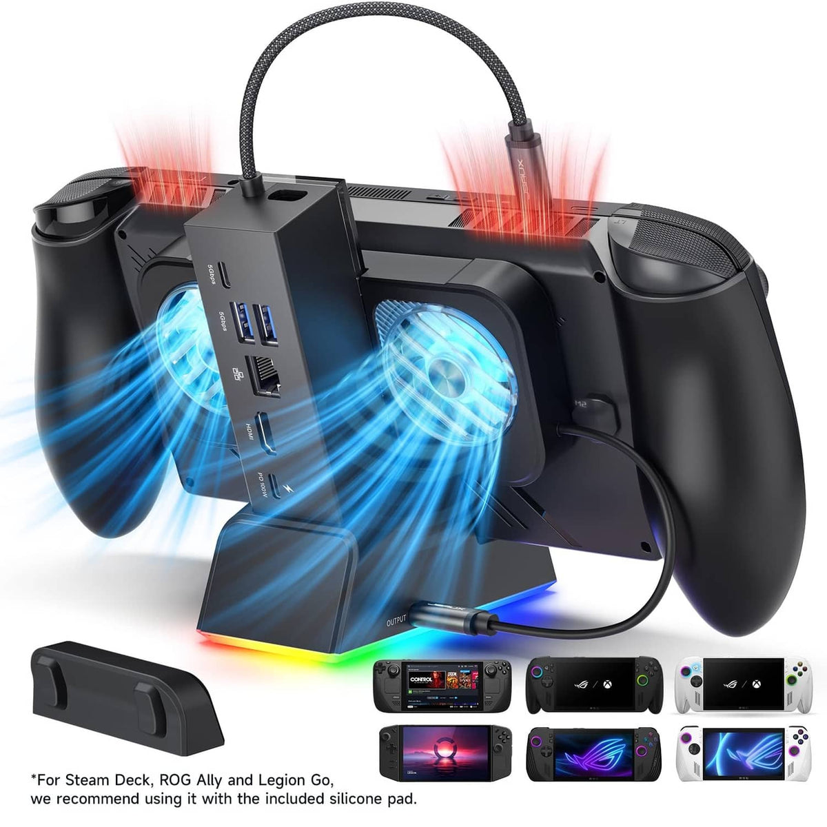 Black docking station for handheld console with dual RGB fans and side USB connections
