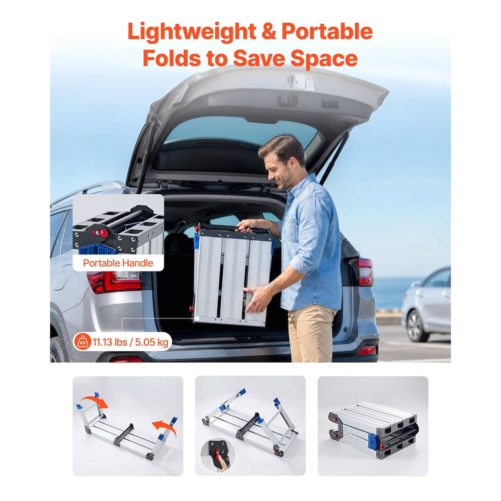 Foldable aluminum work platform with carry-handle style side hardware and blue feet
