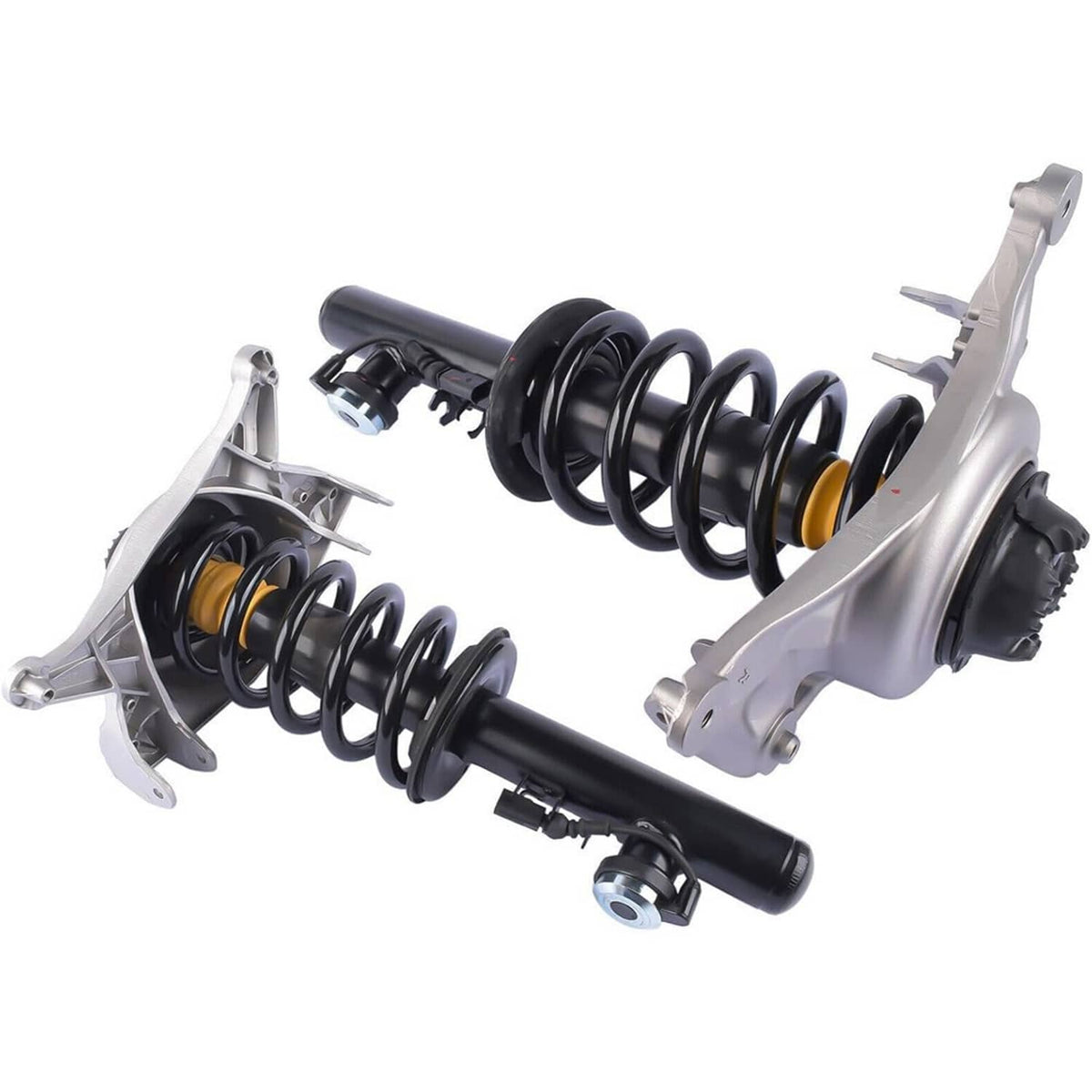 Two front shock struts with black coil springs and silver upper control brackets