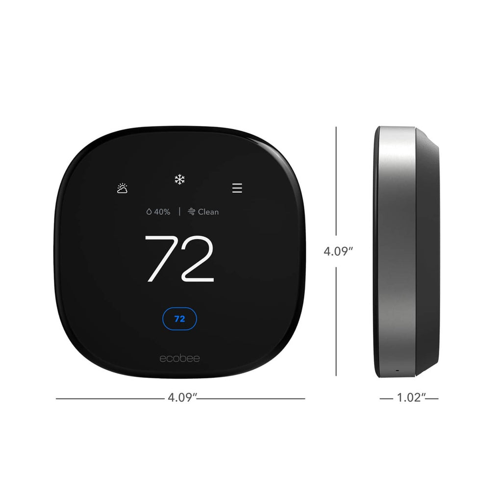 Black smart thermostat face with 72 display and side thickness 1.02 in