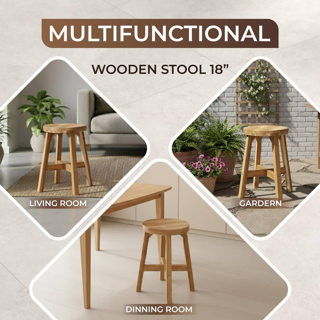 Natural acacia wood round accent stool with four legs and cross brace