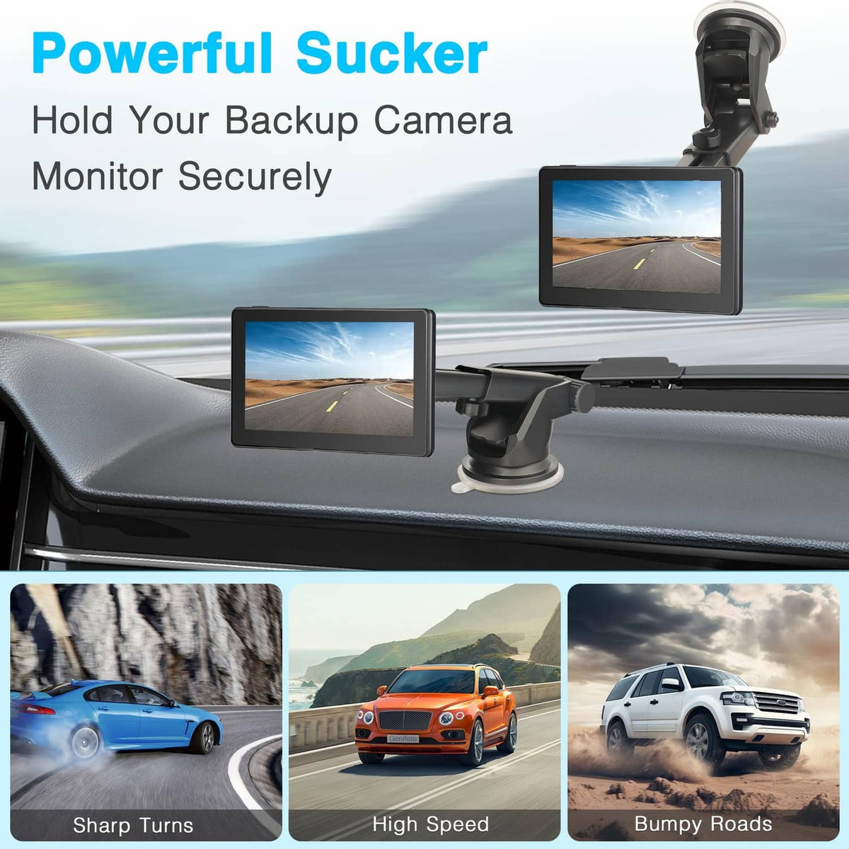Backup camera monitor suction mount with screen holder, black