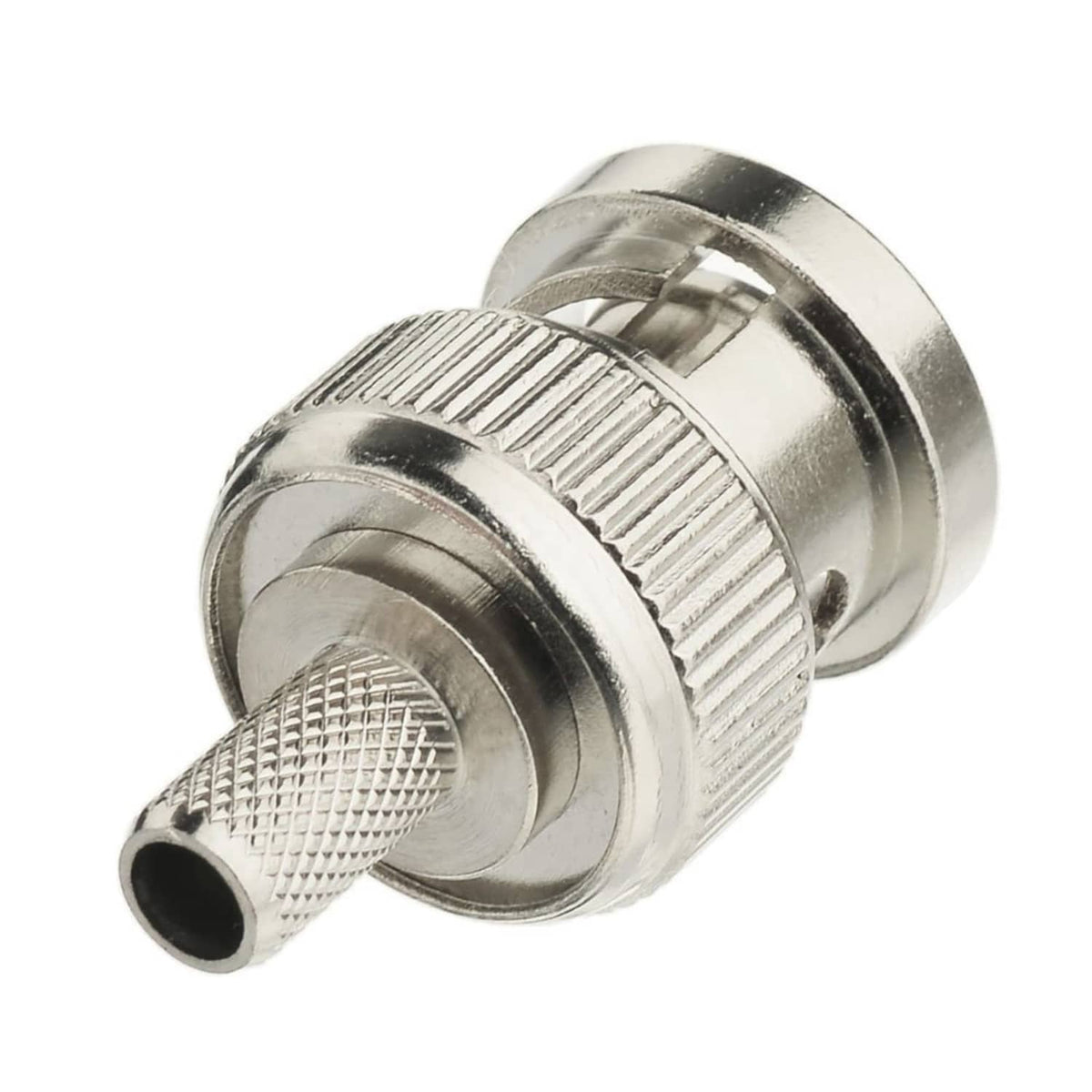 BNC male crimp connector with ridged metal body and mesh-style contact end