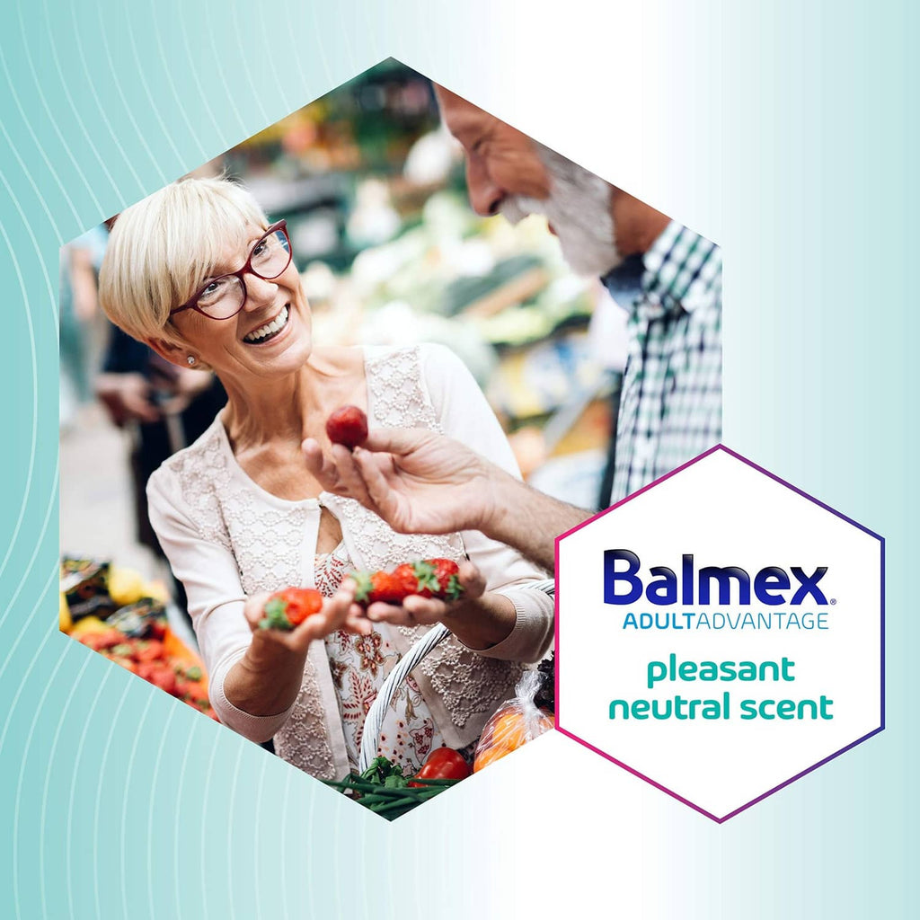 Balmex AdultAdvantage claim badge: pleasant neutral scent, with woman holding strawberries