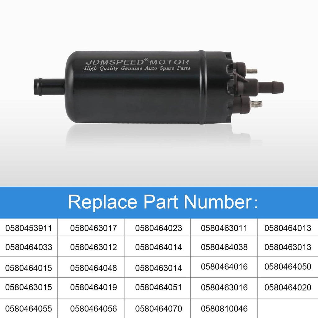 Black external fuel pump with multiple electrical terminals and fuel-line ports