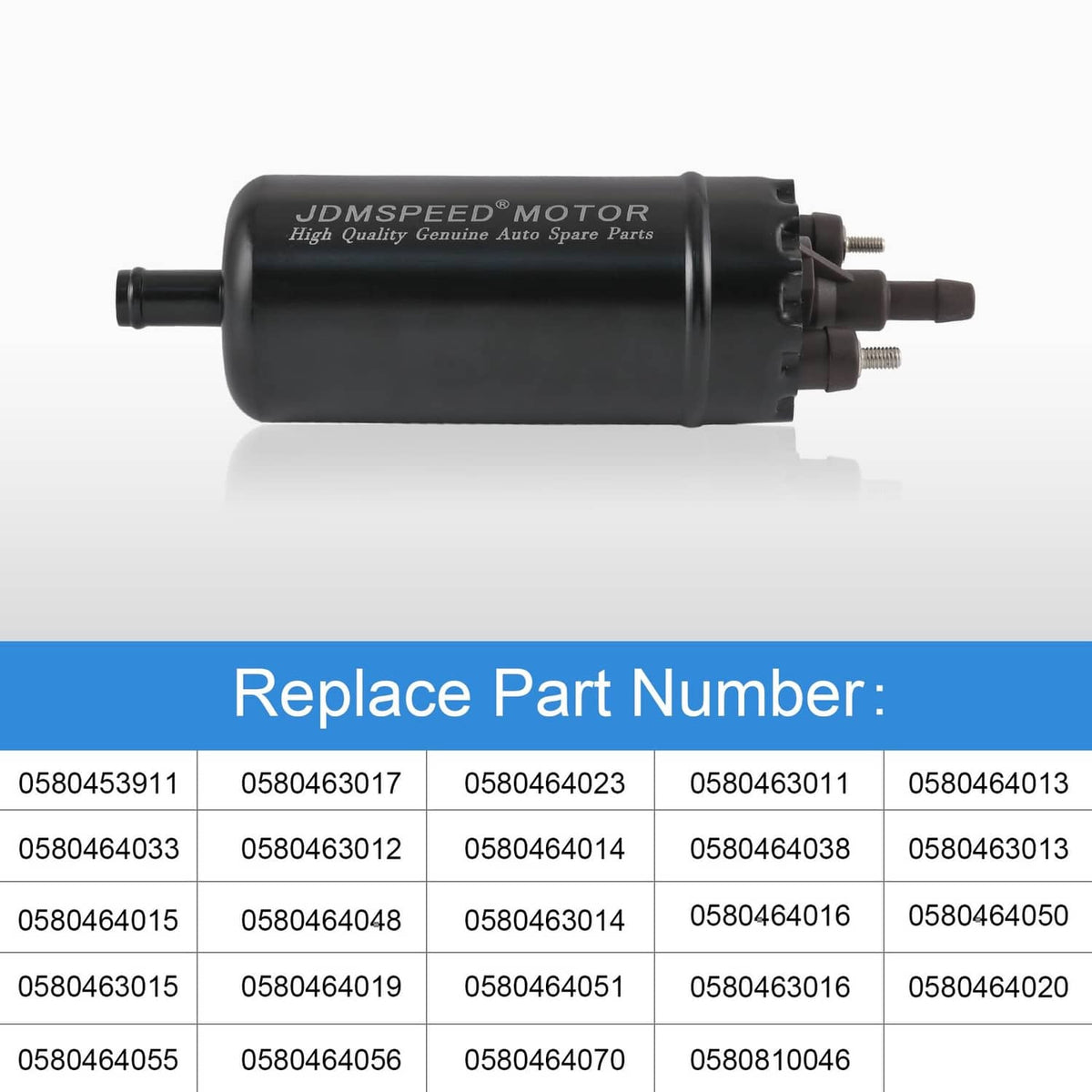 Black external fuel pump with multiple electrical terminals and fuel-line ports