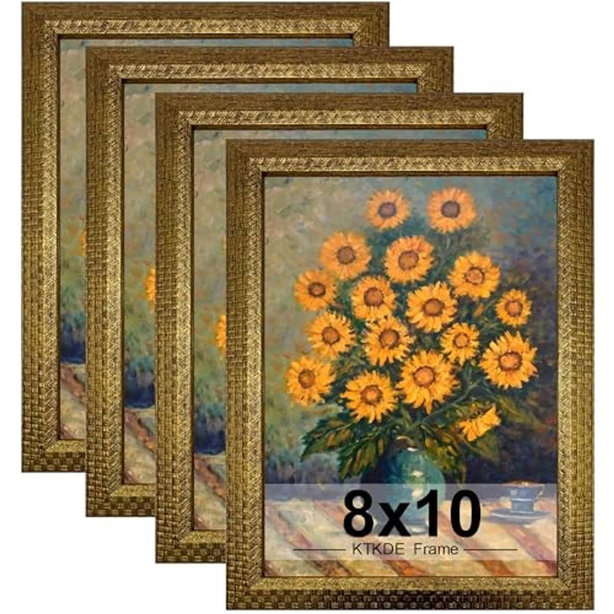 Set of 4 ornate vintage gold photo frames, 8x10, front view with stacked angle