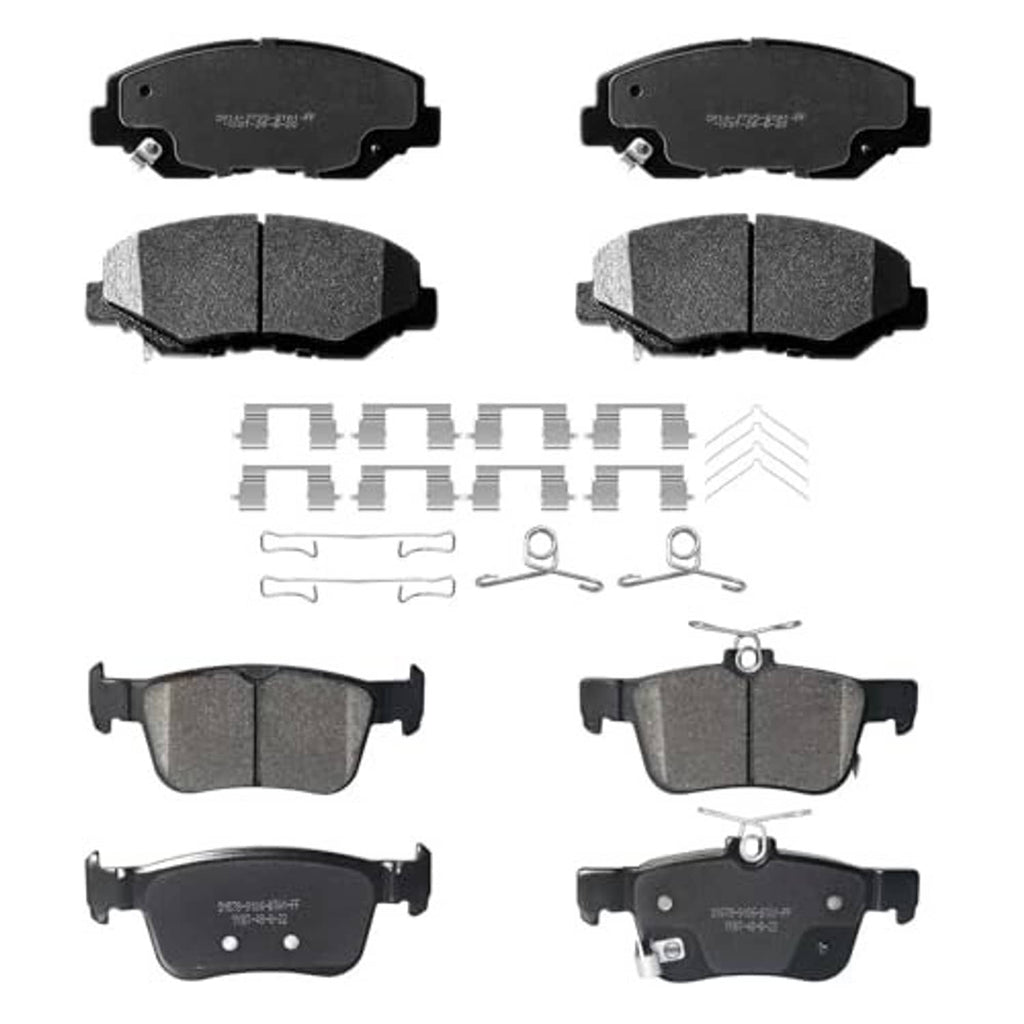 Ceramic front and rear disc brake pads kit with hardware set, gray friction pads