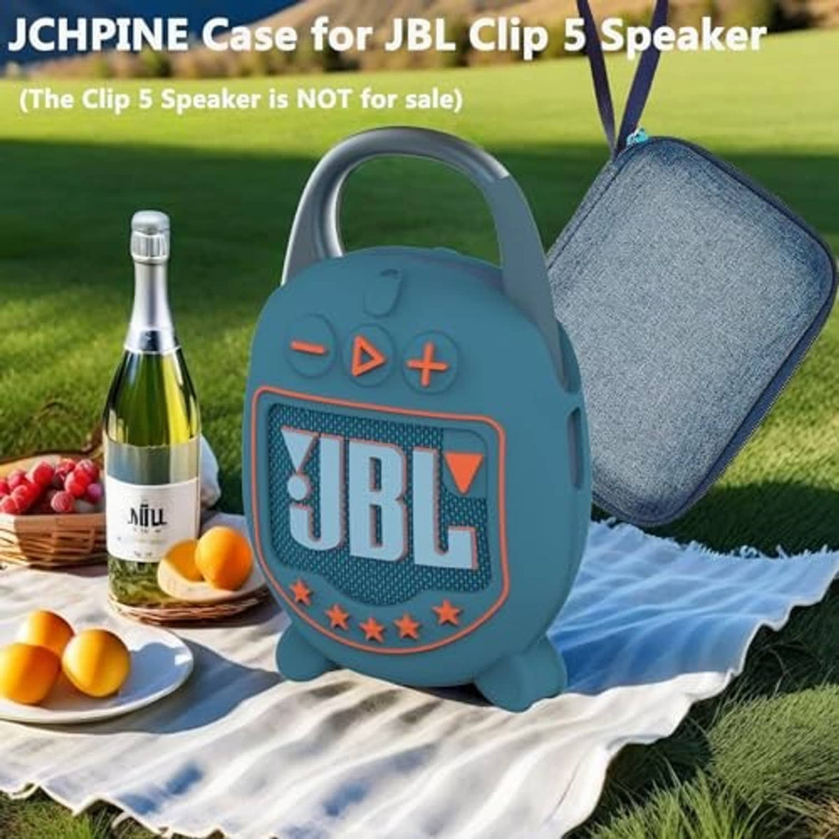 Soft blue silicone JBL Clip 5 speaker case with orange accents and blue denim zip pouch