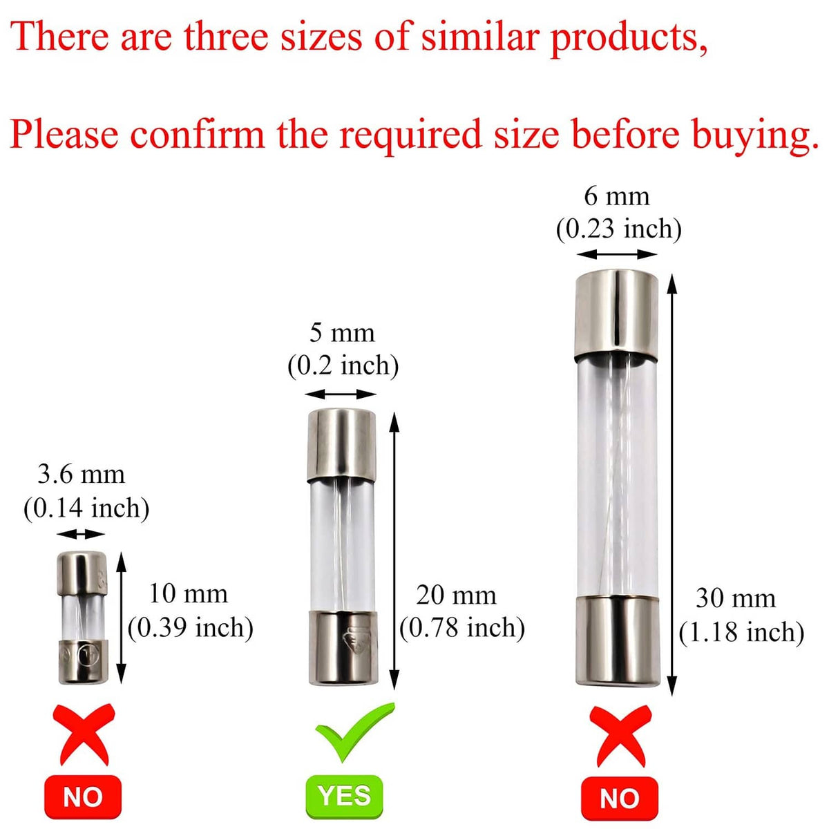 Glass fast-blow fuse sizing diagram showing three lengths