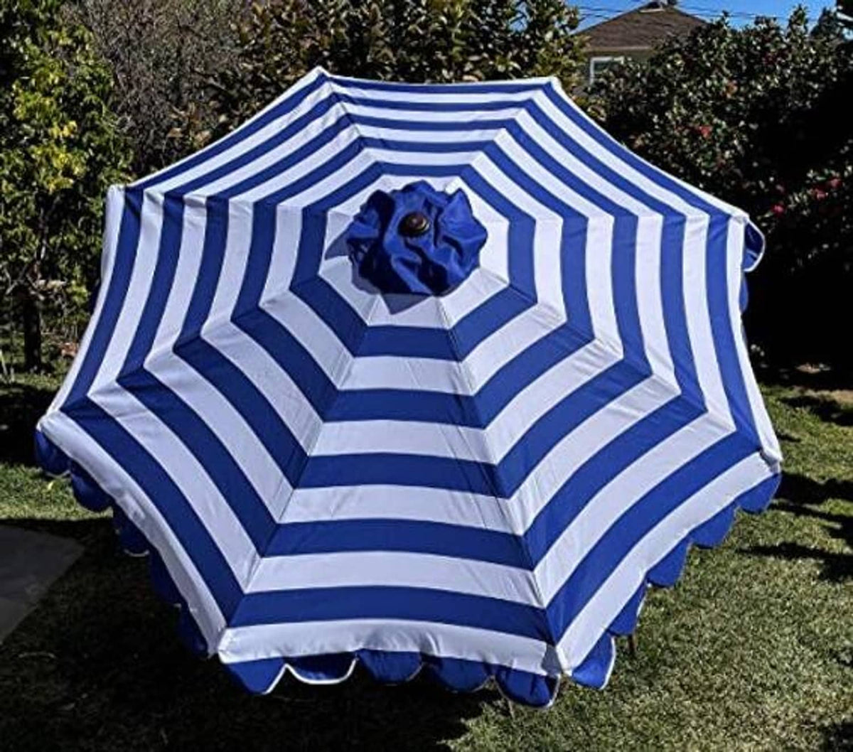 Royal and white striped umbrella canopy replacement with central medallion and scalloped hem