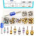 Air conditioner valve core accessory kit with blue remover tool and assorted metal valve cores