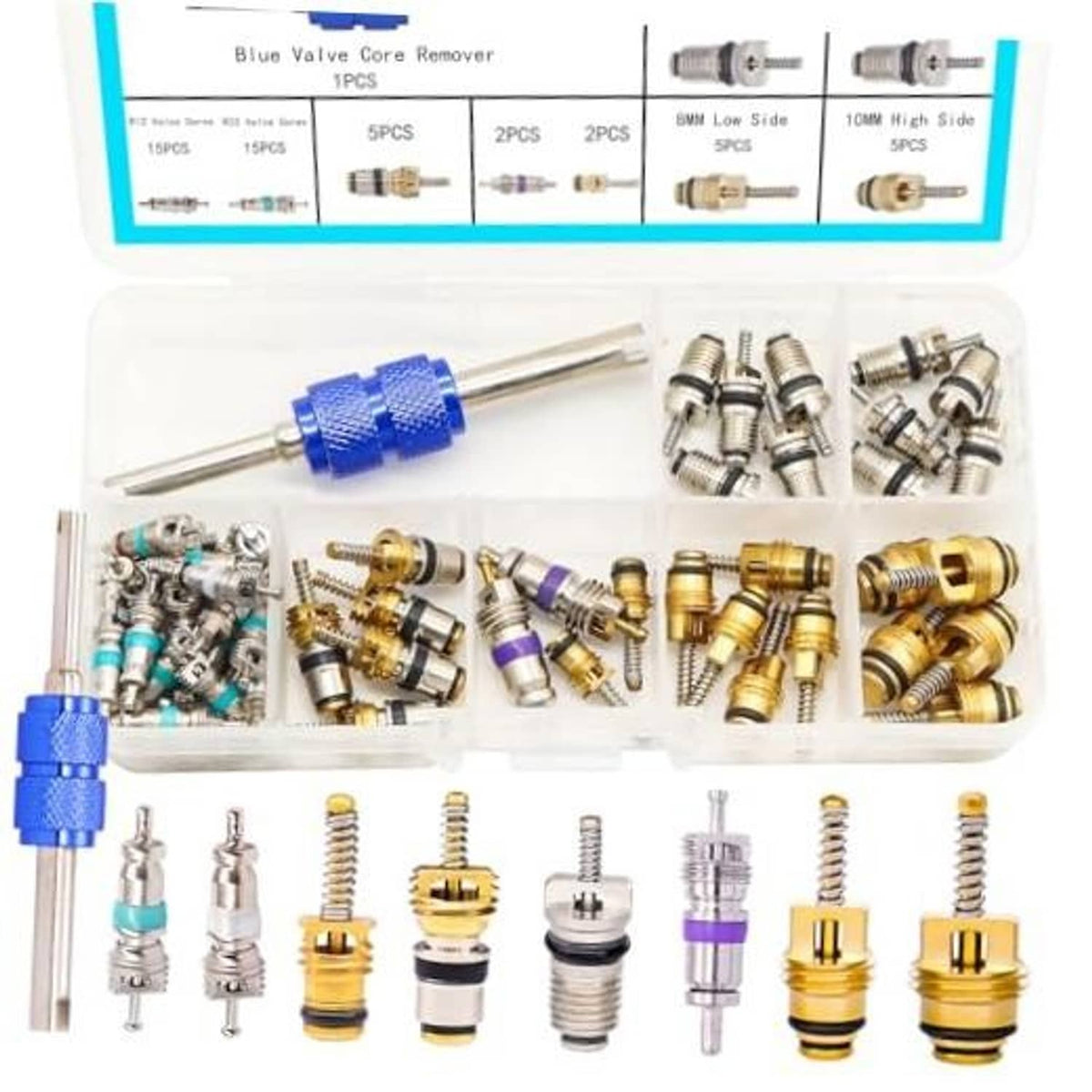 Air conditioner valve core accessory kit with blue remover tool and assorted metal valve cores