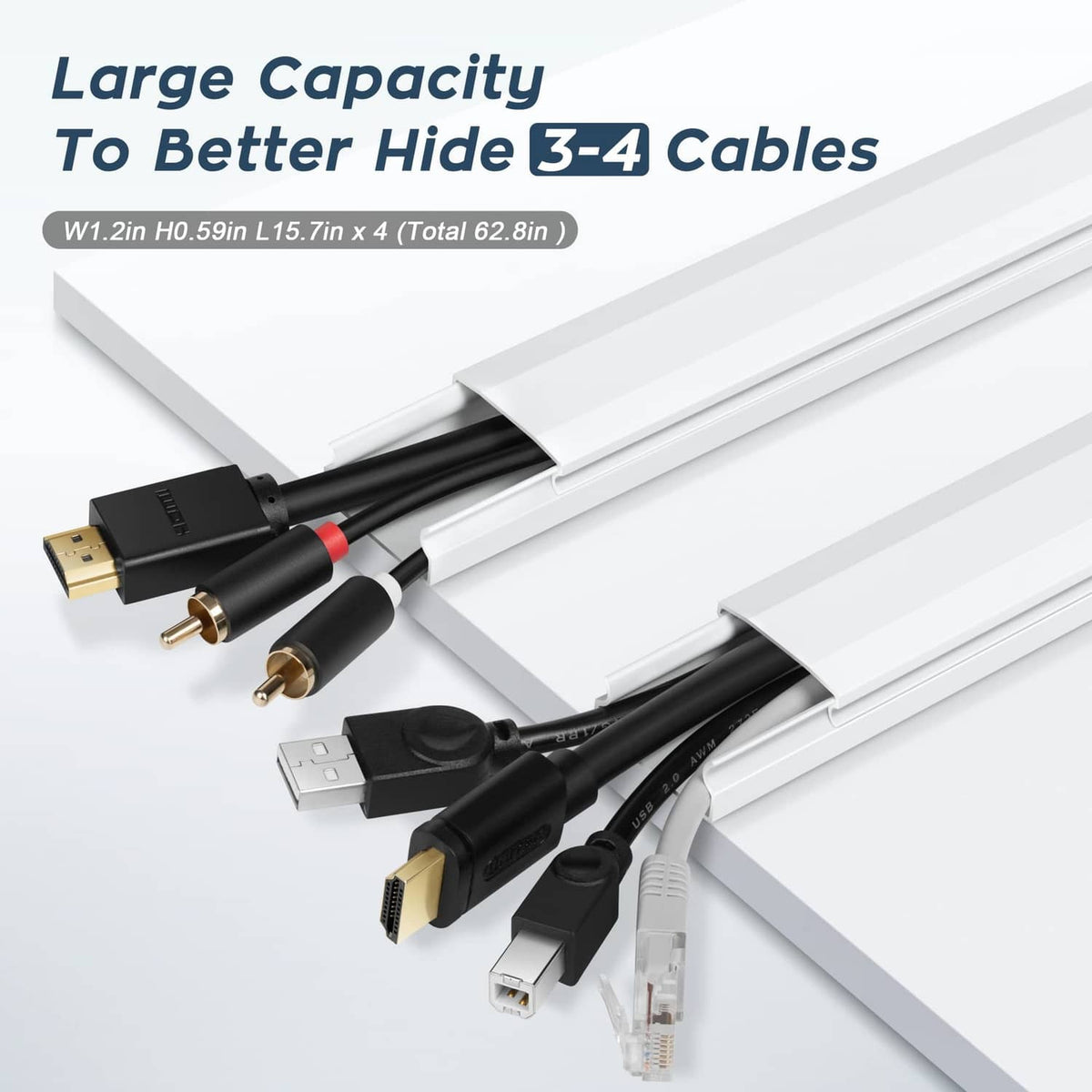 White PVC TV cable hider showing multiple connectors concealed under the cover