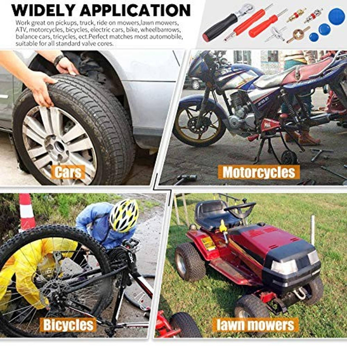 Tire repair kit shown for cars, motorcycles, bicycles, and lawn mowers in panels
