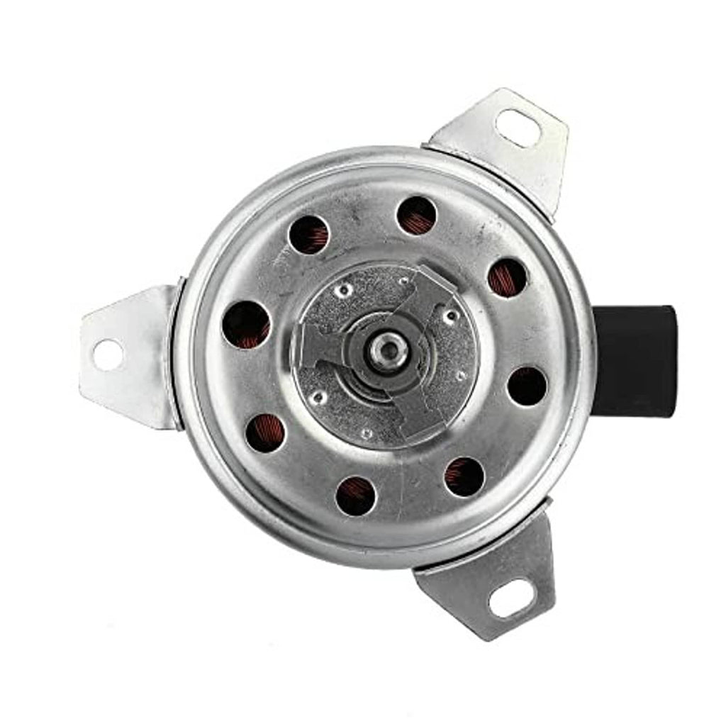 Radiator fan cooling motor with circular base plate, metal face, and black connector