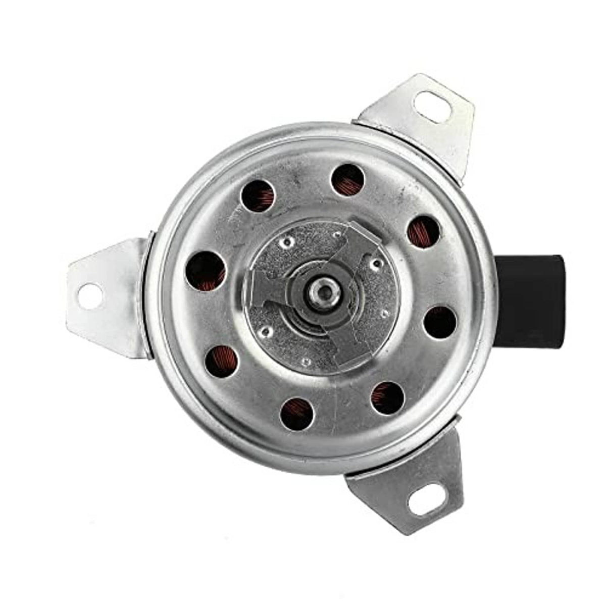Radiator fan cooling motor with circular base plate, metal face, and black connector