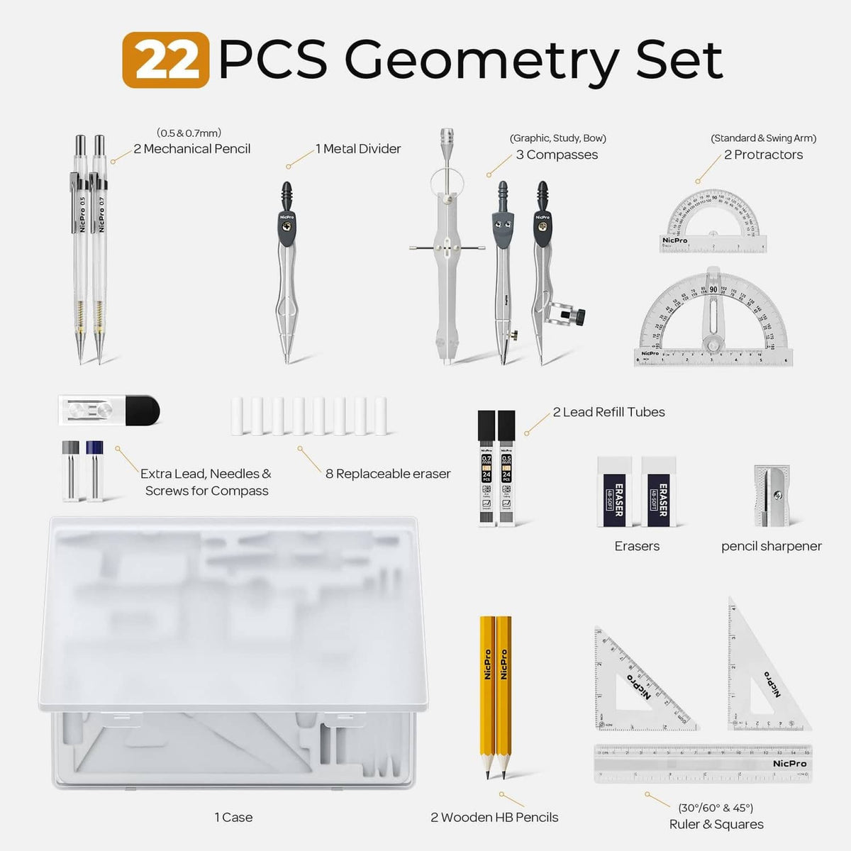 22-piece geometry set with compass, dividers, protractor, lead tubes, erasers, case