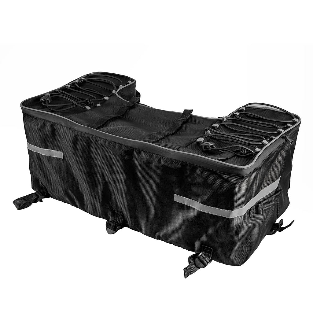 Black ATV rear rack storage bag with side elastic straps and foldable cushion pad