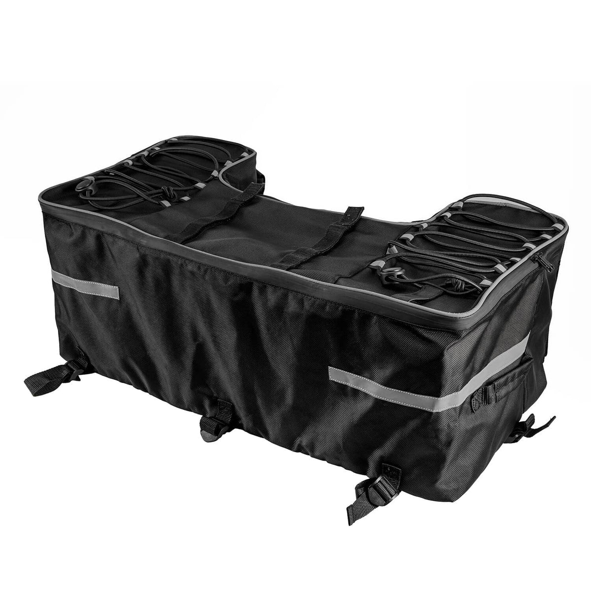 Black ATV rear rack storage bag with side elastic straps and foldable cushion pad