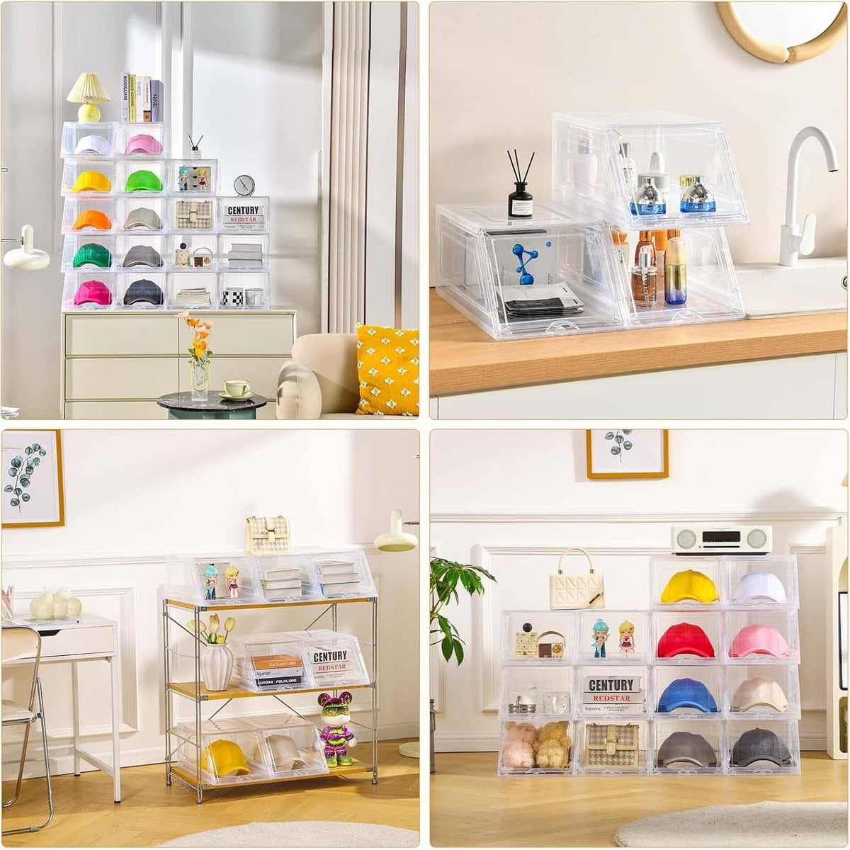 Shelf display of clear hat organizer boxes holding caps in multiple rows