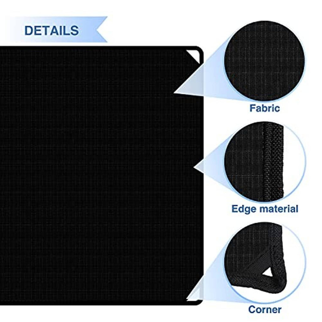Close-up details of black AC cover fabric, edge material, and corner seam